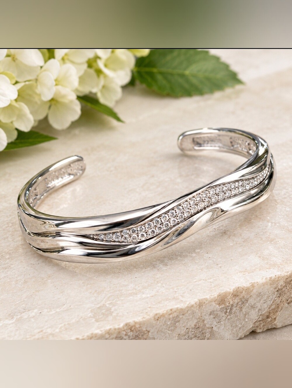 Silver-Tone Twisted Pavé Cuff Bangle Bracelet